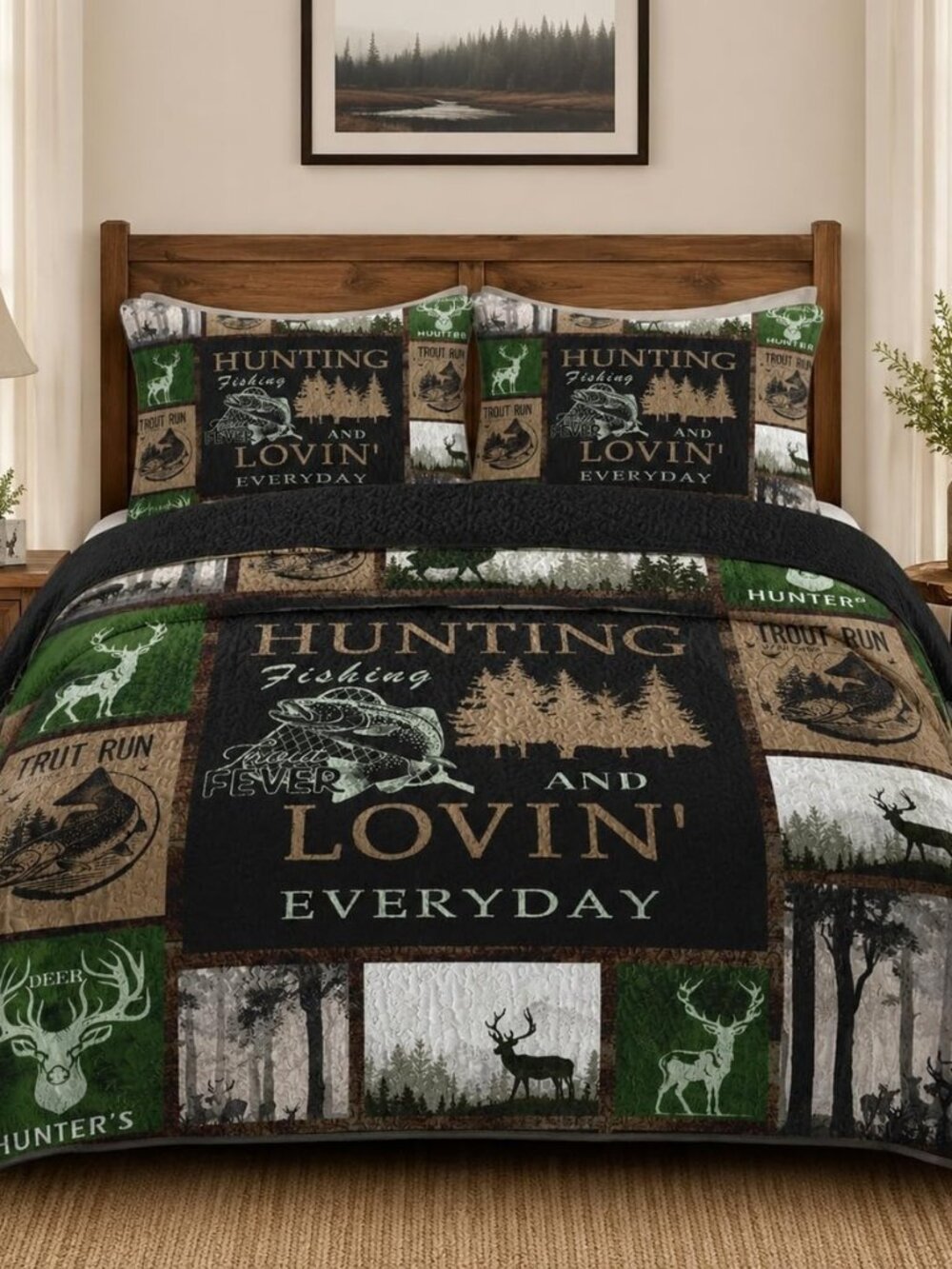 Queen Quilt Set, 3 Pieces Cabin Deer Bedding, Bedspread